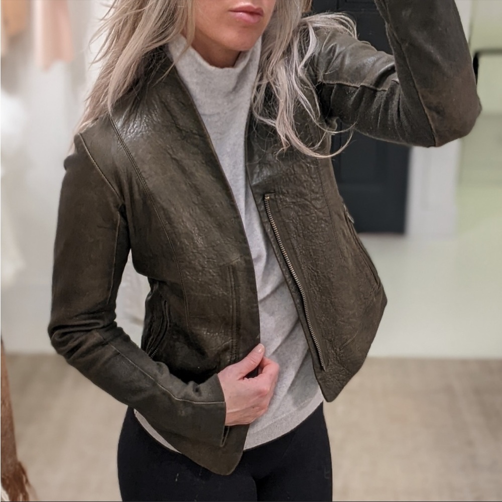 Distressed Olive Green Leather Motto Jacket size M